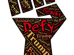 Black defiant cartoon fist displaying words like boycott, Trump, and resist in red, yellow, and orange letters