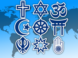 A blue map of the world sits in the background behind the darker blue symbols of the worlds major religions