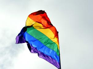 Rainbow coloured flag flying in the wind with a grey sky in the background