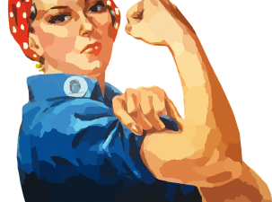 Strong white women wearing a red and white polka dot bandana and blue shirt, raising her hand into a fist and displaying her biceps 