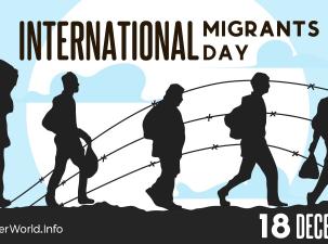 Silhouettes of six individuals walking, with a barbed wire fence in the background, text stating "International Migrants Day, 18 December."