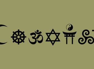 7 black religious symbols in a line spelling the word coexist on an olive green background