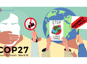 COP 27 in Sharm El-Sheikh image - a desert landscape with a green and blue Earth infront. Cimate activists hold signs protesting climate change. A green figure of a woman has her mouth covred by another hand representing repression in Egypt.