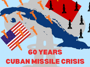 Graphic depicting the Cuban missile crisis in 1962. An outline of Cuba sits in between the US and the Soviet Union flags, there is a mushroom cloud in the background and many nuclear weapons across the top of the image 