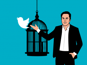 Graphic of a white man in a suit standing infront of a bird cage where the Twitter symbol is flying out