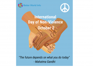 Graphic for International Day of Non-Violence with many hands together representing peace and tolerance