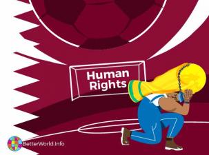 Qatar world Cup 2022 graphic – A migrant worker chained to the World Cup trophy kneels down under the weight of it. Behind is the view of a football field with the words ‘human rights’ written in the goal. 