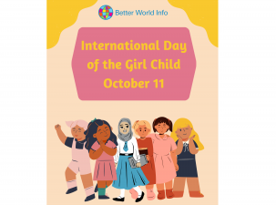 Poster for International Day of the Girl Child. Graphics of many different young girls smiling stand underneath a pink banner with the name of the celebration and the date October 11
