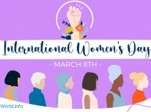Purple poster celebrating International Women's Day. The profile of 8 different womens head all face the same direction under a banner with flowers and a strong fist above them.