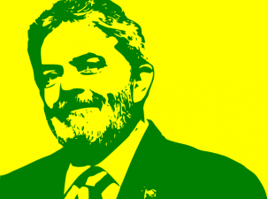 Minimalist graphic of the new Brazilain president smiling wearing a suit. The image of Lula is green infront of a yellow background