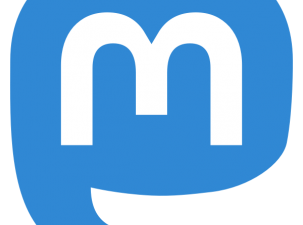Symbol of social media site Mastodon. A white letter 'm' sits inside a large blue speech mark