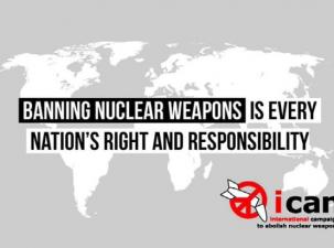 Nuclear weapons ICAN poster displaying world map in grey and white