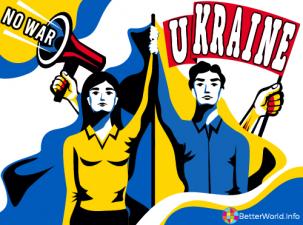 Men and women holding a flag in Ukrainian colours, with anti-war messages.