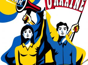 Ukraine: No War! - Two young people wearing a banner and a megaphone demanding peace