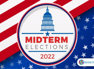 U.S. Midterm Elections 2022 -  A round emblem of the US Congress and the words: Midterm Elections 2022 sit infront of the red, white, and blue stars and stripes representing the U.S. flag.
