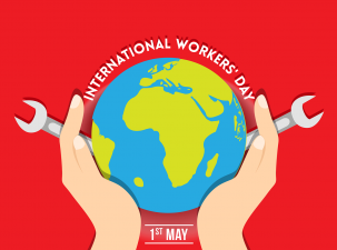 Graphic of two hands holding the Earth and two spanners with the words International Workers' Day in white