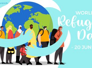 Poster for World Refugee Day on June 20. Six adult refugees and one child walk in front of a globe with two arms wrapped around hugging them protectively