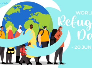 Poster for World Refugee Day. Six adult refugees and one child walk in front of a globe with two arms wrapped around hugging them protectively
