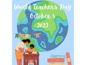 A large image of the Earth sits behind the white text 'World Teachers' Day October 5 2022' Below a teacher schools a child at his desk