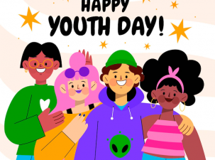 Colourful graphic of four smiling youths 