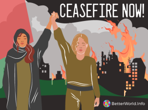 Poster calling for a ceasefire in Gaza. In the bottom left an Israel woman and a Palestinian woman hold hands in the air. There is a Palestinian flag which fills the background and infront the outline of burning buildings with smoke and flames coming off them 