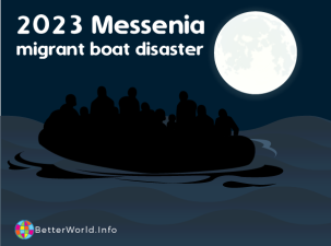 Silhouette of a small boat full of migrants adrift against the night sky.