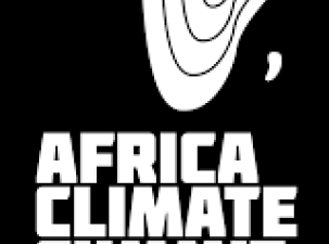 A black graphic advertises the Africa Climate Summit of 2023. There is a large white image of the African continent with black contour lines running through it.