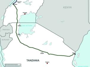 Map displaying the proposed route of the 1,410km East African oil pipeline from Hoima to Tanga