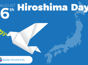 Poster for Hiroshima Day - A white paper crane carrying a green olive branch in its beak flies over the outline of Japan. In front of a blue background the words 'Hiroshima Day August 6th' are written in white.