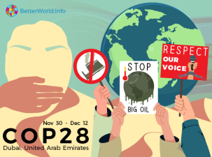 Graphic for the COP28 climate talks in Dubai. There is a woman on the left being silenced and there are protesters on the right infront of a large planet Earth. There are signs that say 'Respect our voice' and 'Stop Big Oil.'