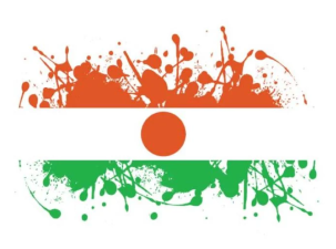 A paint splattered image of the Niger Flag, with three horisontal stripes orange, white, and green. There is an orange circle in the centre of the flag in the white stripe
