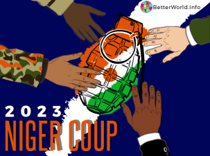 Group of hands trying to fight over a grenade in the colours of the Niger flag.