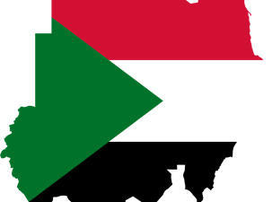 Outline of the geological boundaries of Sudan in Africa. The flag of the country has been placed over the map. There are three horizontal colours red, white and black. On the left side there is a green triangle