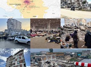 2023 Turkey–Syria earthquake montage displaying the epicentre of the Earthquake, the destruction that followed and the many victims left homeless