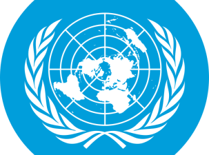 Emblem on the United Nations. A white flat image of the globe sits on top of contour lines surrounded by grains on both sides