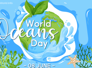 Campaign poster for World Oceans Day &ndash; An image of the Earth is surrounded by the blue ocean, vegetation and coral is shown in the background 