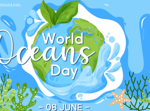 Campaign poster for World Oceans Day – An image of the Earth is surrounded by the blue ocean, vegetation and coral is shown in the background 