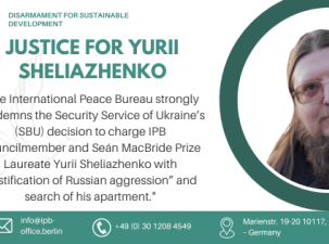 A green and white poster created by the IPB on justice for Yurii Sheliazhenko the Ukrainian conscientious objector. There is an image of the white male with long brown hair and glasses on the right hand side, on the left is the statement from the IPB calling for his rights to be upheld and at the bottom is the contact information for the IPB.