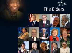 Montage of the members of The Elders organisation. On a black background in the top left corner Nelson Mandela looks down on many images of the current members