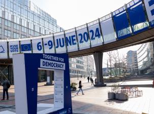 Banners for the 2024 European elections campaign on the Agora Simone Veil of the European Parliament in Brussels.