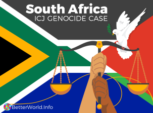 Flags of South Africa and Palestine in background with two hands holding the scales of justice and a symbol of peace.