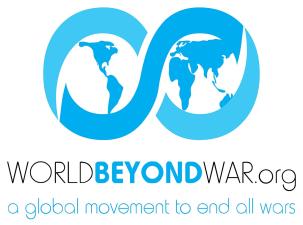 Logo for the non-profit organization World Beyond War, used on websites and publications since 2015. A blue infinity symbol has the world map inside its two circles. The words 'World Beyond War - A Global Movement to End all Wars' is written beneath it. 