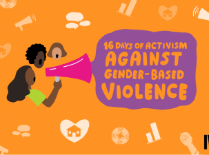 Orange banner logo from IWDA for 16 Days of Activism Against Gender-Based Violence. Simple vector images of 3 women talk into a megaphone.