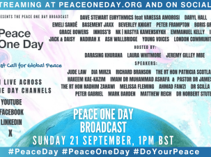 Peace One Day 2025 graphic detailing the event as Online, London including the guest speakers and performing artists.