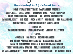 Peace One Day 2025 graphic detailing the event as Online, London including the guest speakers and performing artists.
