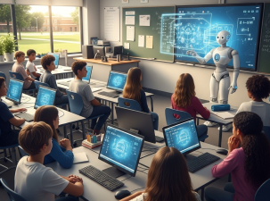 Advanced AI technology in an education setting. A robot stands at the front of a classroom and delivers a lesson to students.