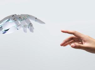 Technology and human touch over a white background