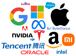 Logos of Big Tech companies including Apple, Amazon, Microsoft, Google, and Facebook.