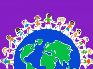 A colourful graphic of the Earth with children holding hands around the planet.