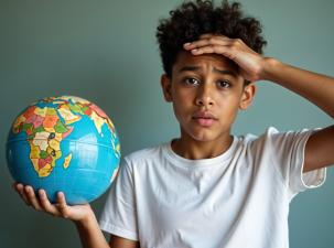 Teenager wearing a white T-shirt, is holding a globe in his left hand and has his right hand on his forehead. His face shows anxiety over the climate crisis.